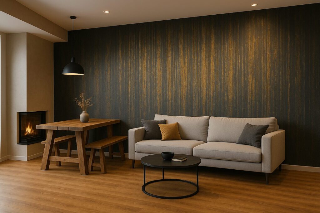 Wow – Kreative Wandgestaltung | Malerbetrieb Göbel 3 Wohnzimmer moderne Wandgestaltung Besenstrich mit Gold-Effekt Malerbetrieb Göbel Meiningen