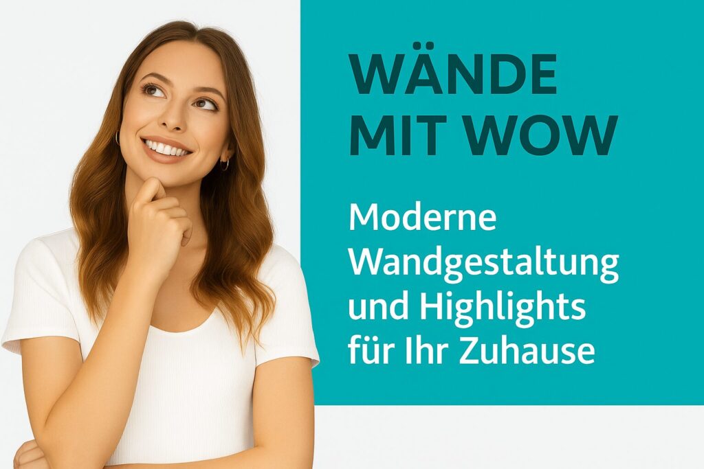 Wow – Kreative Wandgestaltung | Malerbetrieb Göbel 2 Junge Frau vor türkis-weißem Hintergrund mit dem Slogan ‚Wände mit Wow – Moderne Wandgestaltung und Highlights für Ihr Zuhause‘ – inspirierende Akzentwand-Ideen vom Malerbetrieb Göbel aus Meiningen