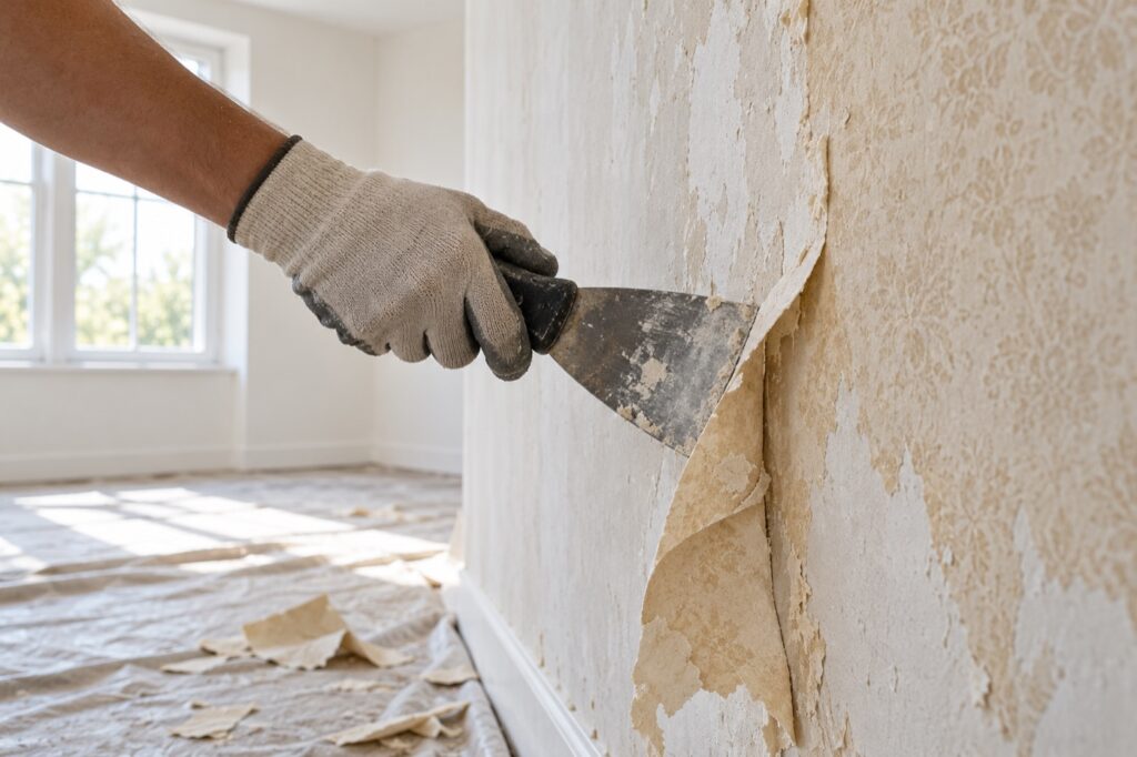 Hand mit Spachtel beim vorsichtigen Ablösen alter Tapete von einer Wand