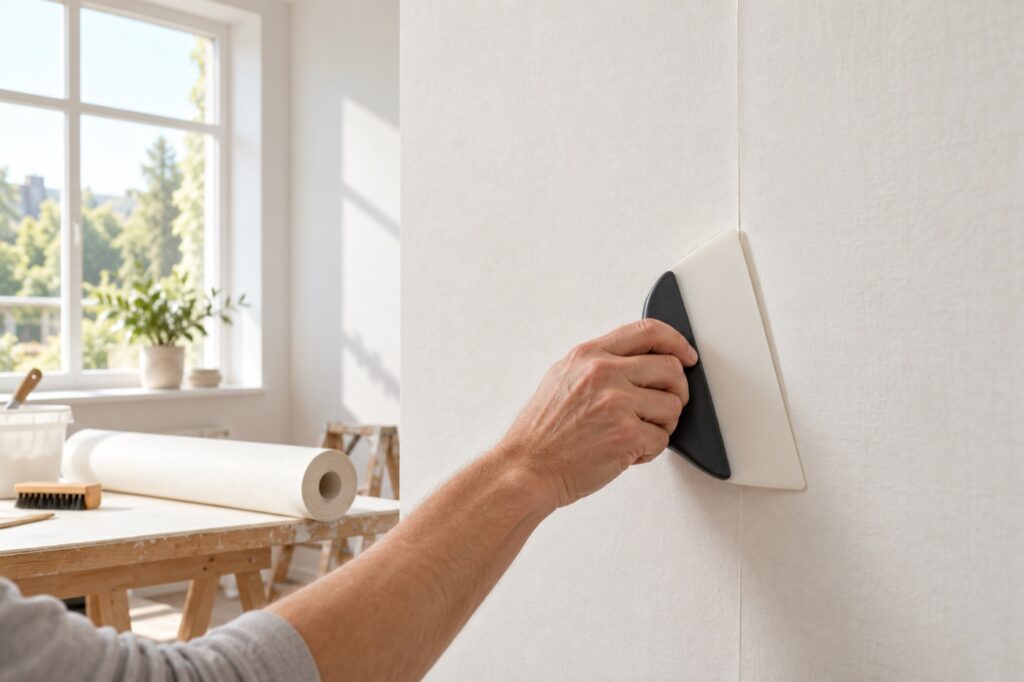Hand glättet eine helle Vliestapetenbahn mit einem Tapezierspachtel an der Wand