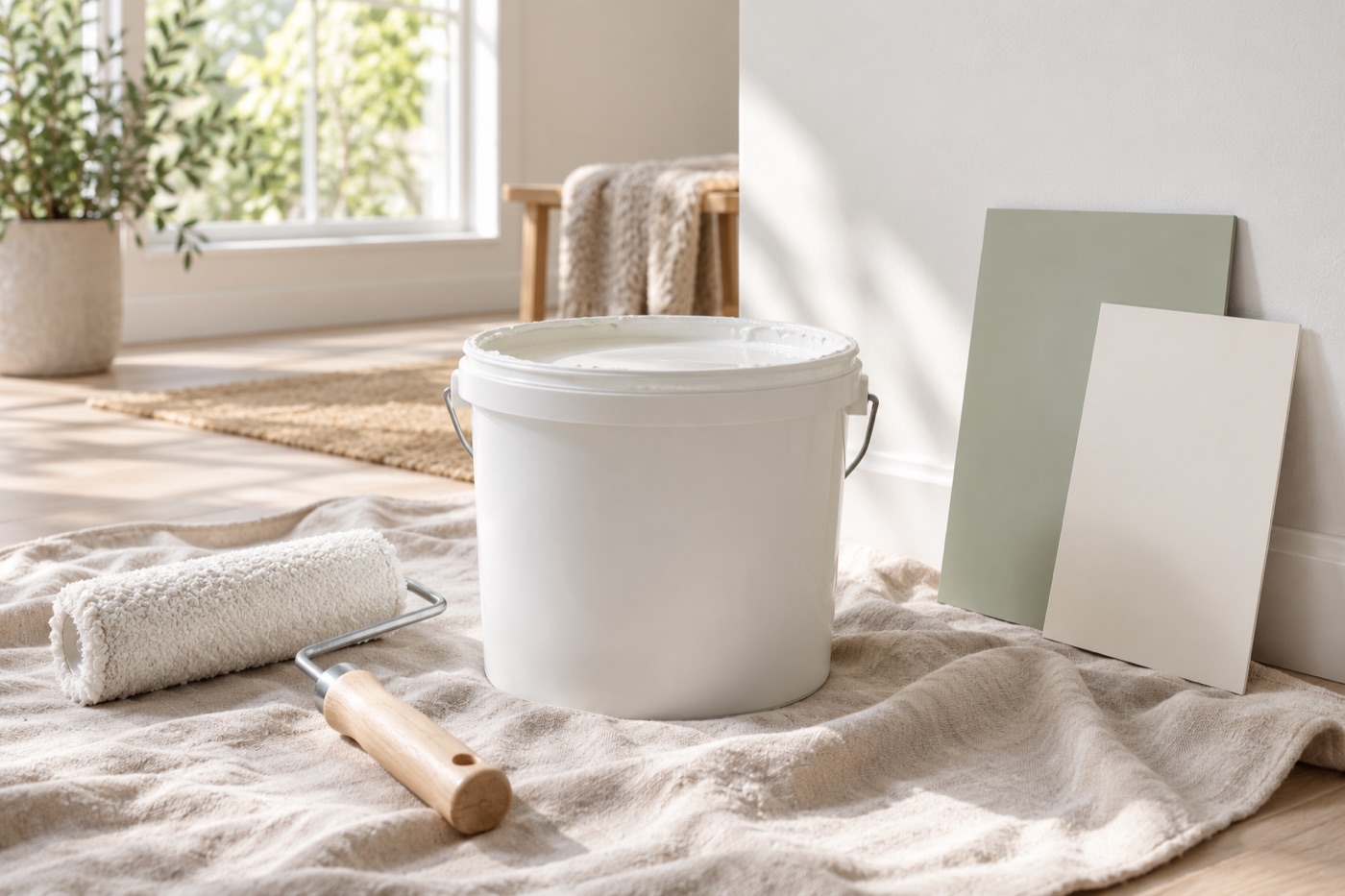 Farbe für Badezimmer: 7 wichtige Tipps gegen Fehlkäufe 1 Farbe für Badezimmer mit heller Farbrolle und Farbmusterplatten