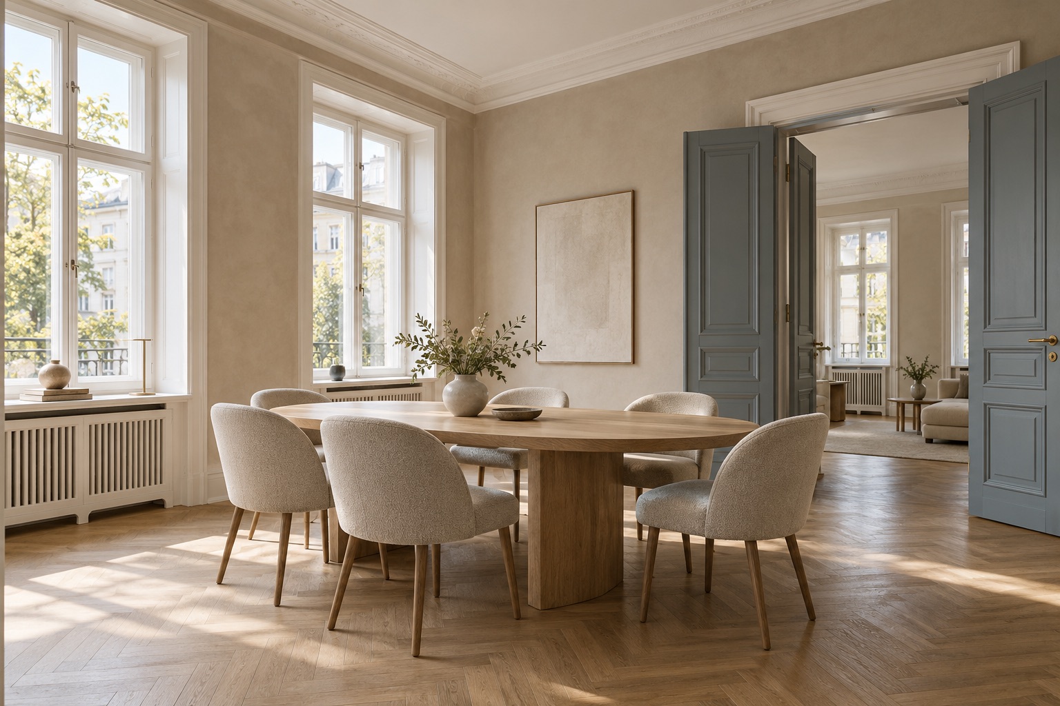 KI-Gestaltungsidee: Altbau-Esszimmer mit warmen Wandtönen und blaugrauen Türen