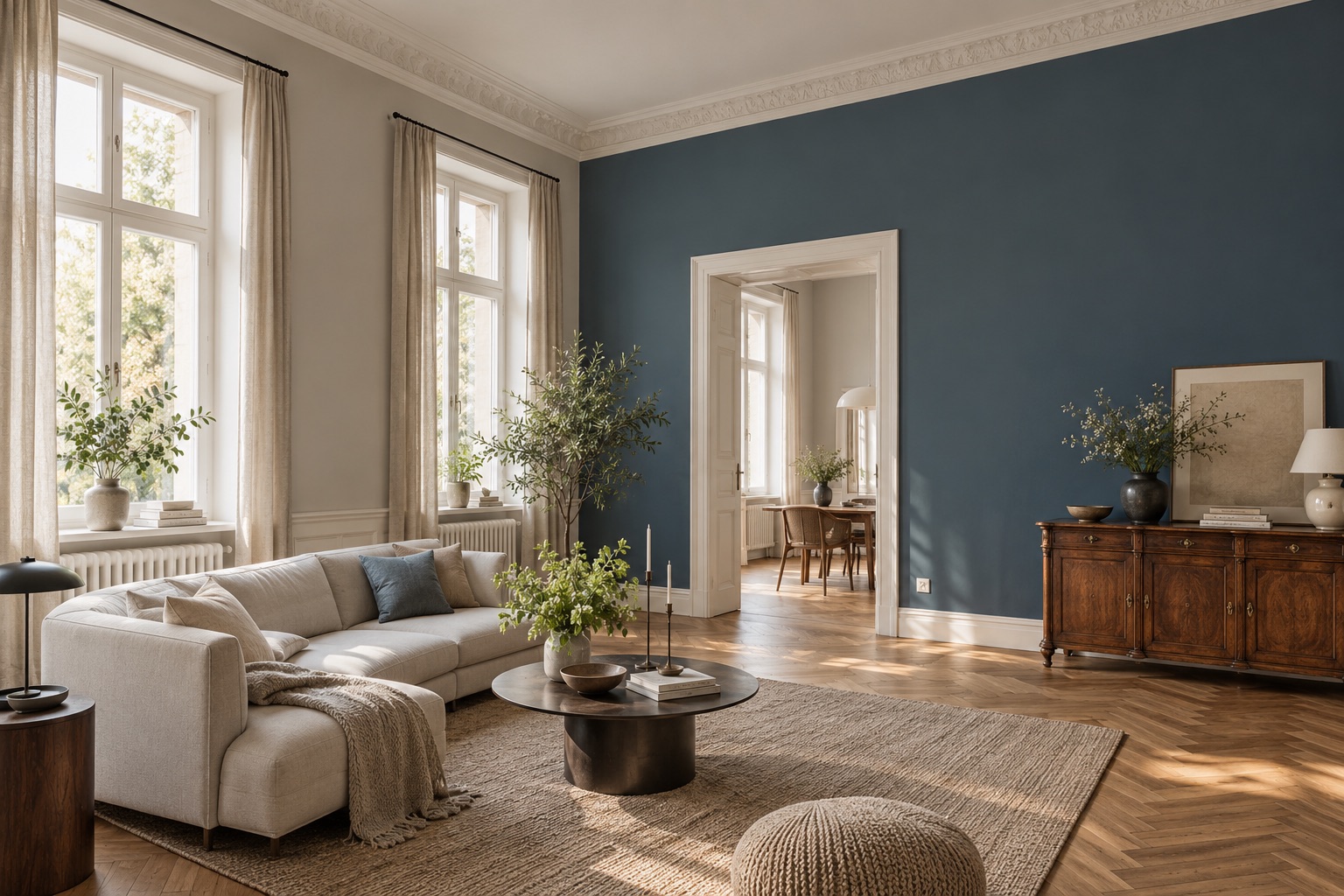 Maler in Meiningen: Gestaltungsidee für einen Altbau mit blauer Wand und weißem Stuck – KI-Visualisierung