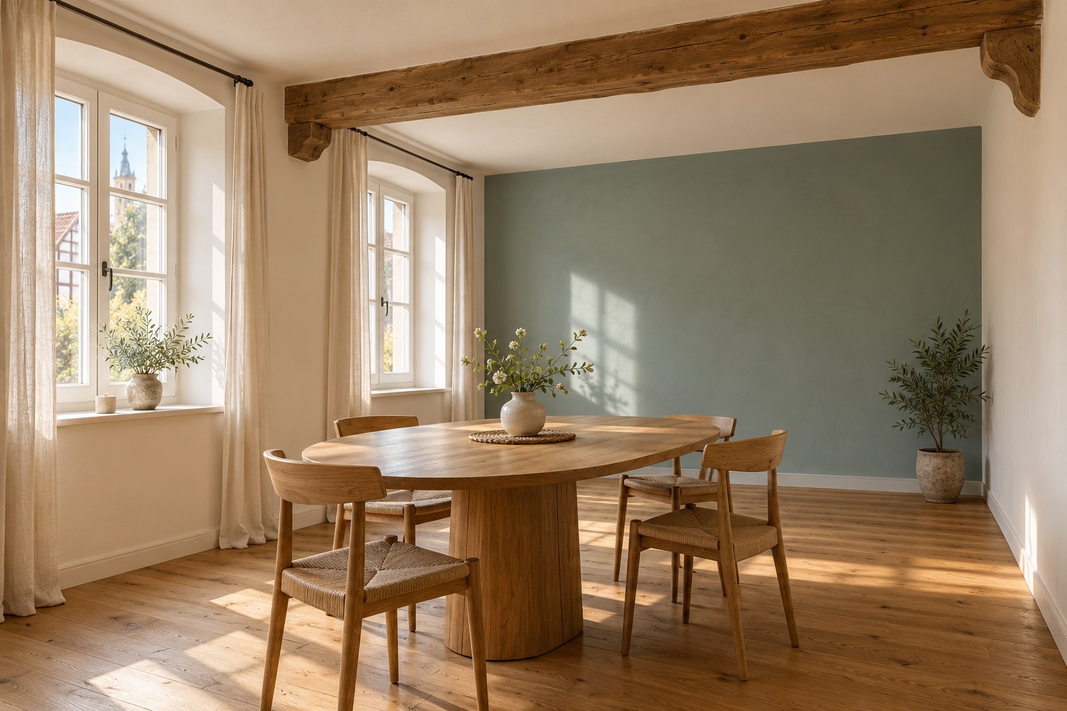 Maler in Wasungen – KI-Gestaltungsidee: Esszimmer mit ruhiger Akzentwand und Holzbalken