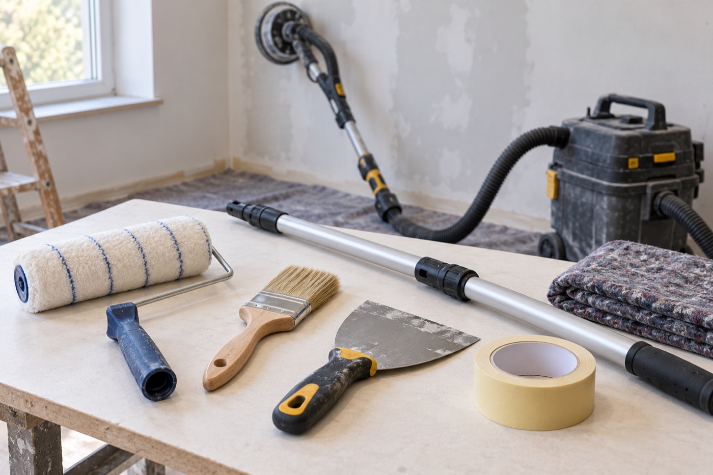 Werkzeuge zum Renovieren: 7 einfache Kaufentscheidungen 1 Werkzeuge zum Renovieren mit Rolle, Pinsel, Spachtel und Schleifgerät
