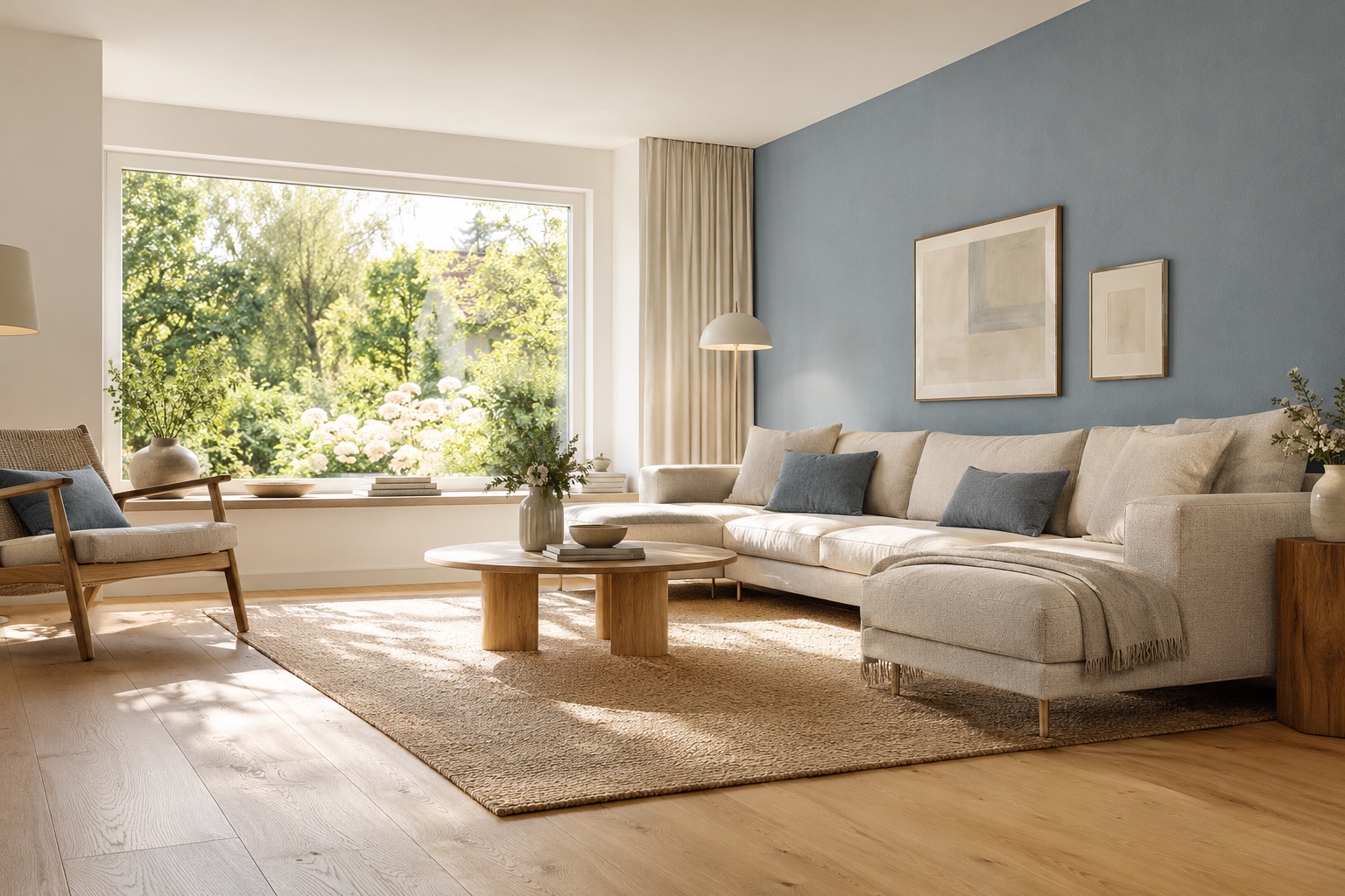 Maler in Mellrichstadt | Ihr Lieblings-Maler 1 Maler in Mellrichstadt – KI-Gestaltungsidee: Wohnzimmer mit blauer Akzentwand und hellen mineralischen Wandflächen